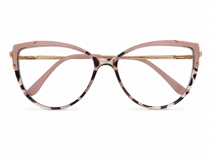 Lentes de Armazón Cat Eye Color Rosa con Detalles Carey y Patillas Doradas.