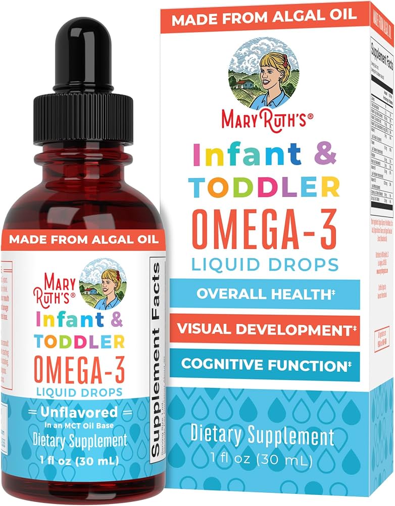 Suplemento de omega-3 líquido para bebés y niños pequeños en gotas sin sabor.