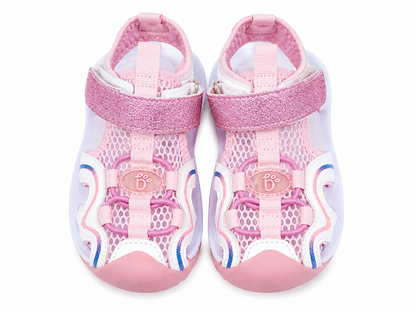 Sandalias deportivas infantiles color rosa con cierre de velcro talla 28.