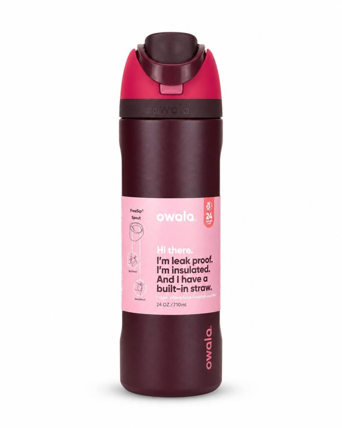 Botella térmica de acero inoxidable de 24 oz con pajilla integrada y tapa antiderrames, color burdeos y rosa.