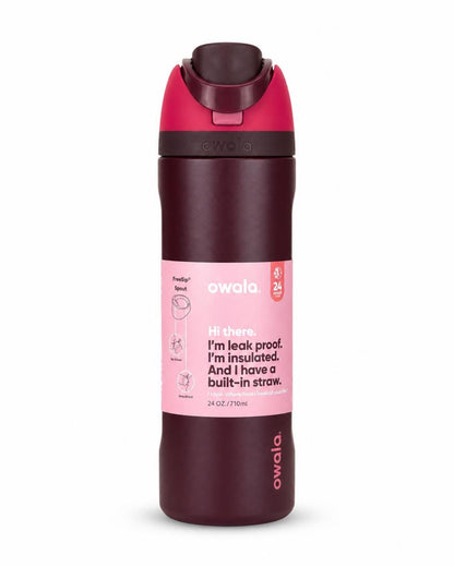 Botella térmica de acero inoxidable de 24 oz con pajilla integrada y tapa antiderrames, color burdeos y rosa.
