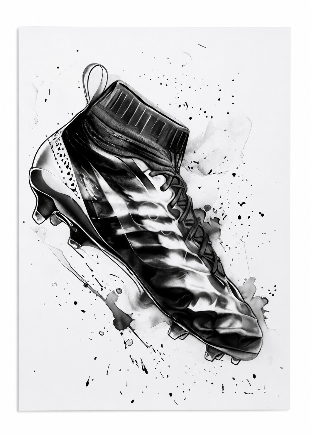 Póster Decorativo de Botín de Fútbol en Estilo Acuarela Blanco y Negro 50 x 70 cm.