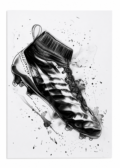 Póster Decorativo de Botín de Fútbol en Estilo Acuarela Blanco y Negro 50 x 70 cm.