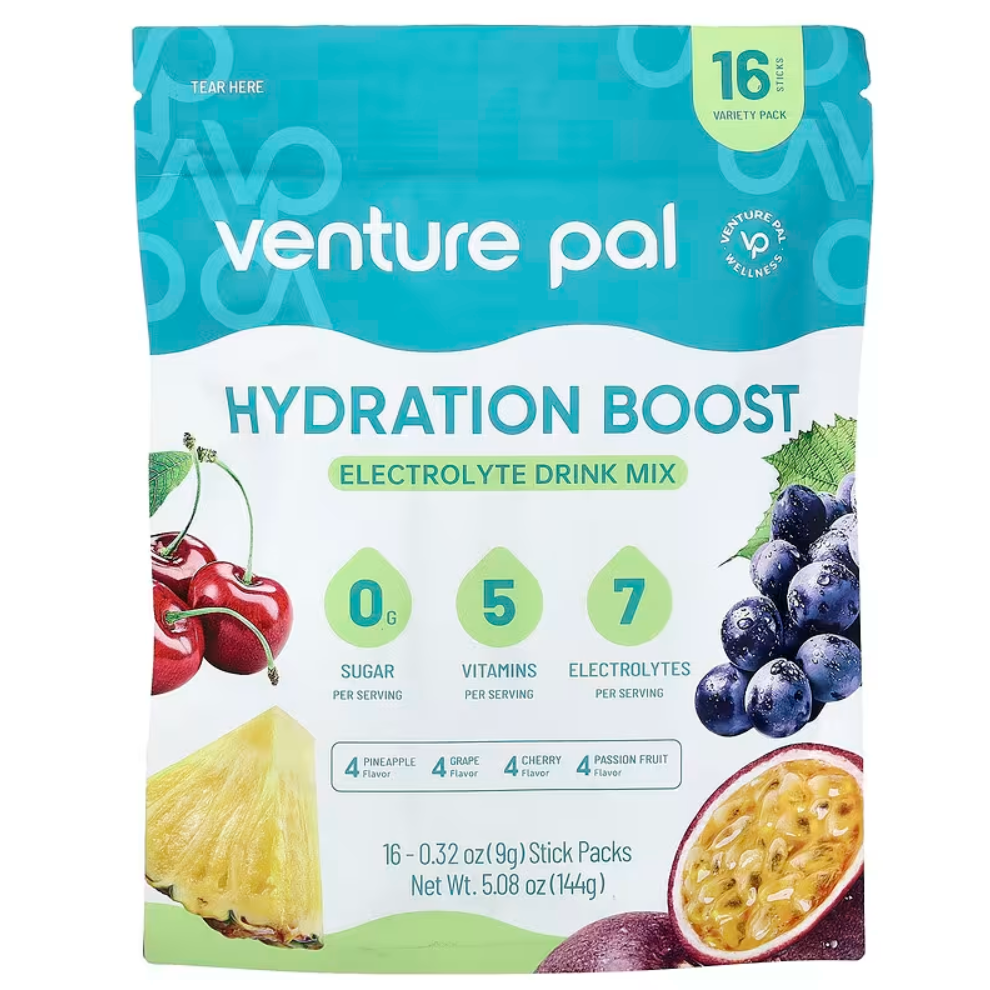 Paquete de mezcla de electrolitos, incluye 16 sobrecitos en sabores como piña, uva, cereza y maracuyá.