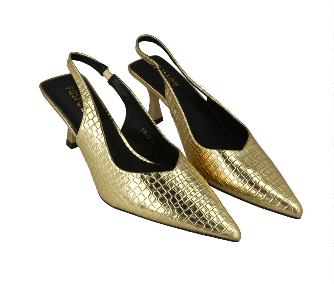 Zapatos de tacón dorados con efecto de piel de serpiente, size 40.