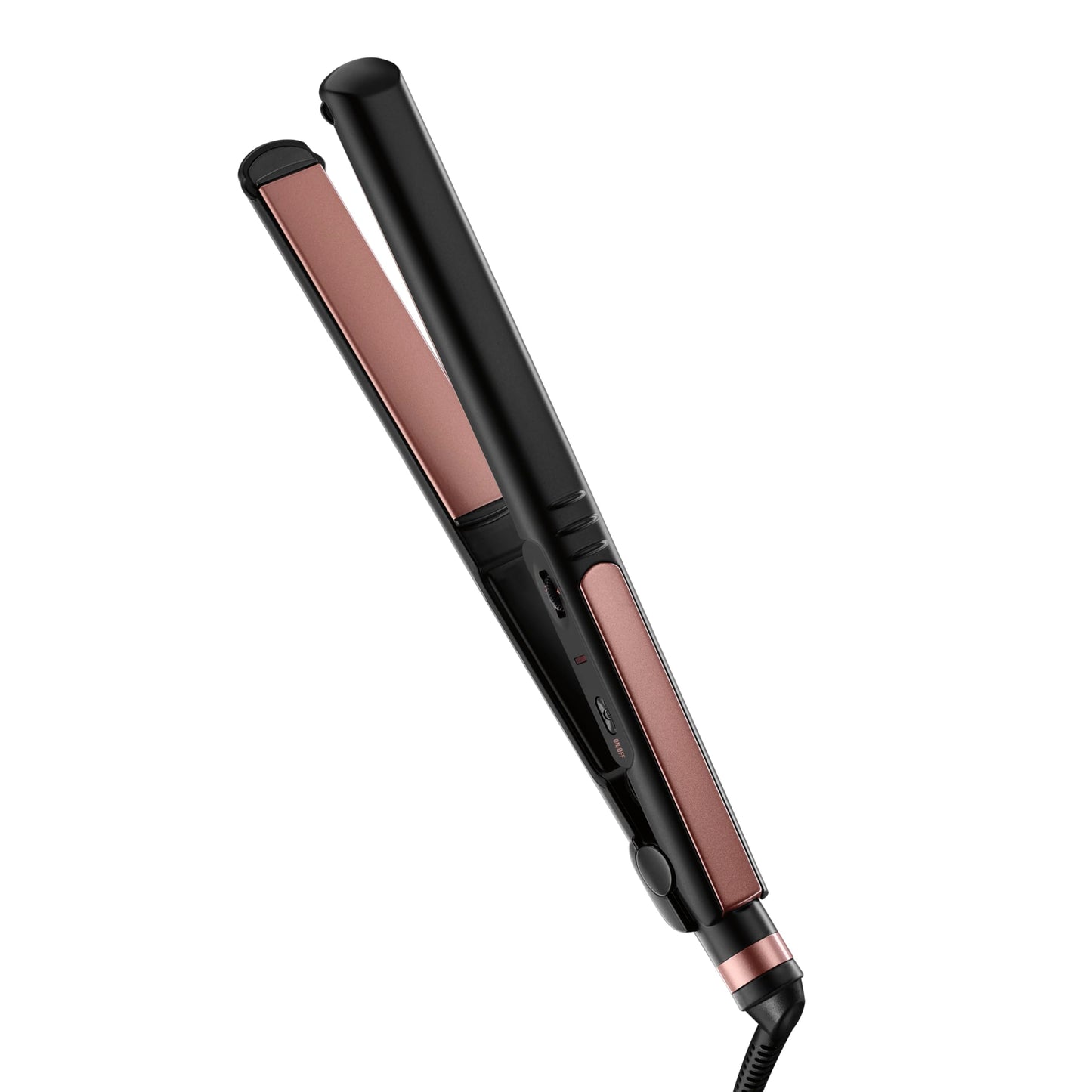 Plancha alisadora de 1 pulgada con placas de cerámica de color oro rosa.
