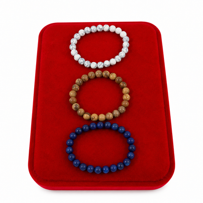 Set de 3 Pulseras Elásticas de Cuentas Naturales en Colores Blanco Mármol, Madera y Azul Oscuro.
