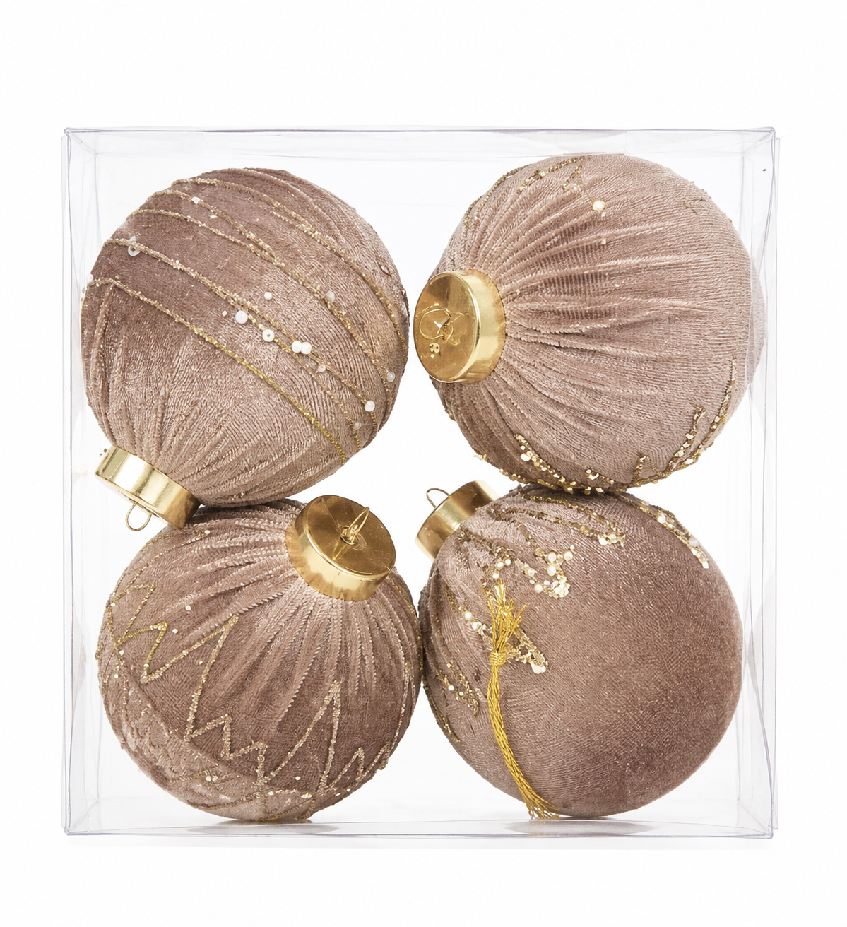 Set de 4 bolas navideñas decorativas de tela con detalles dorados.
