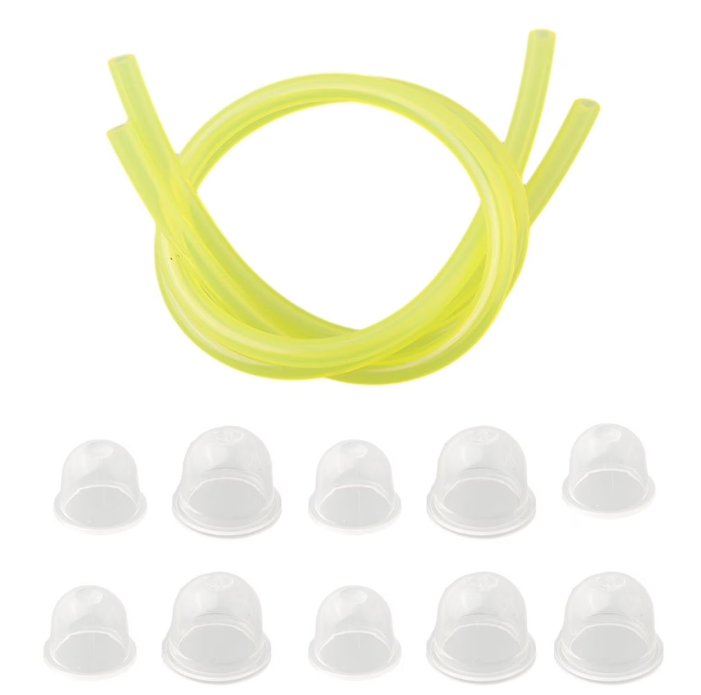 Kit incluye múltiples bombillas de cebador (primer bulbs) transparentes y una manguera de combustible de color amarillo brillante para herramientas de jardín.