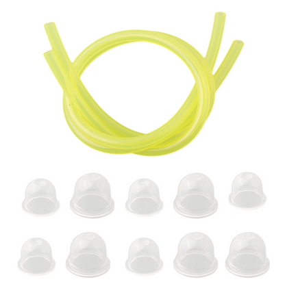 Kit incluye múltiples bombillas de cebador (primer bulbs) transparentes y una manguera de combustible de color amarillo brillante para herramientas de jardín.