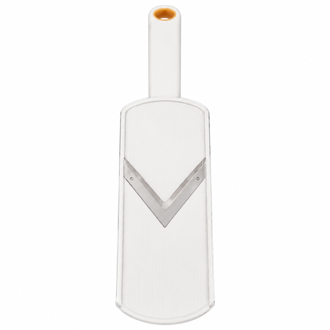 Rebanador manual blanco con cuchilla en V para frutas y vegetales.