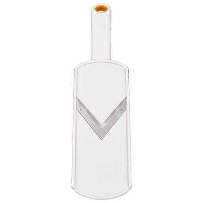 Rebanador manual blanco con cuchilla en V para frutas y vegetales.