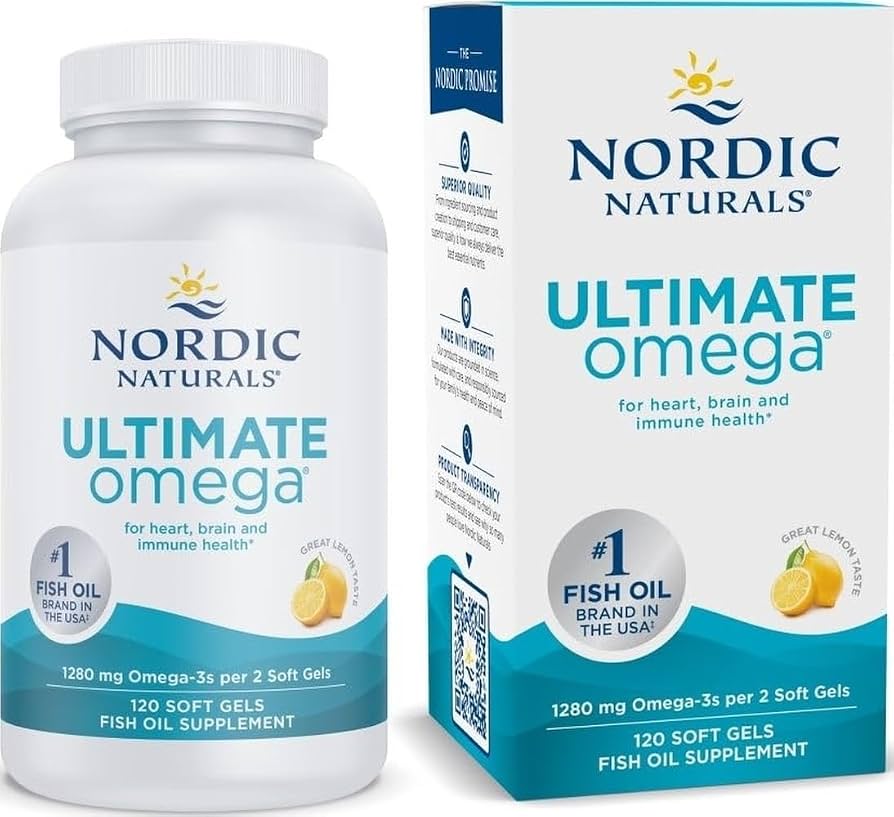 Suplemento de aceite de pescado Omega con sabor a limón, el cual contiene 1280 mg de omega-3 por cada porción de 2 cápsulas