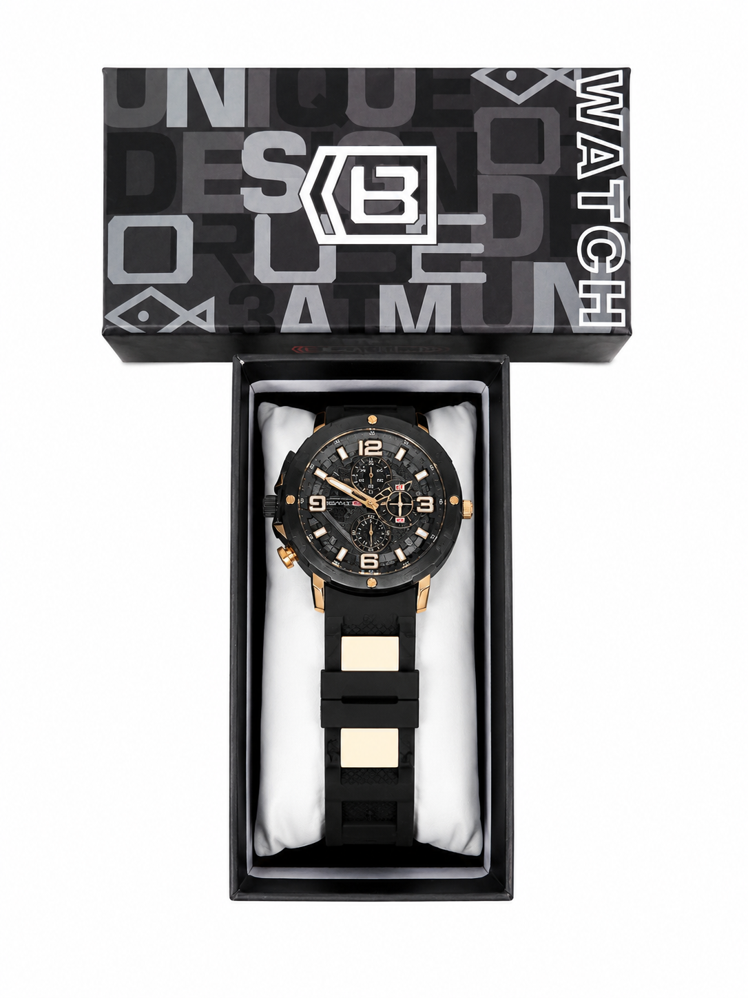 Reloj analógico para hombre con correa de silicona y estuche de presentación.