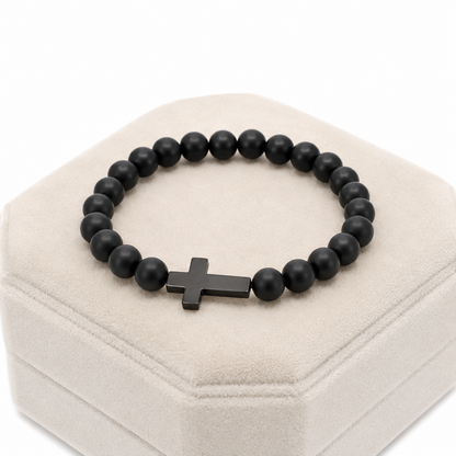 Pulsera de cuentas con cruz en color negro para hombre y mujer.