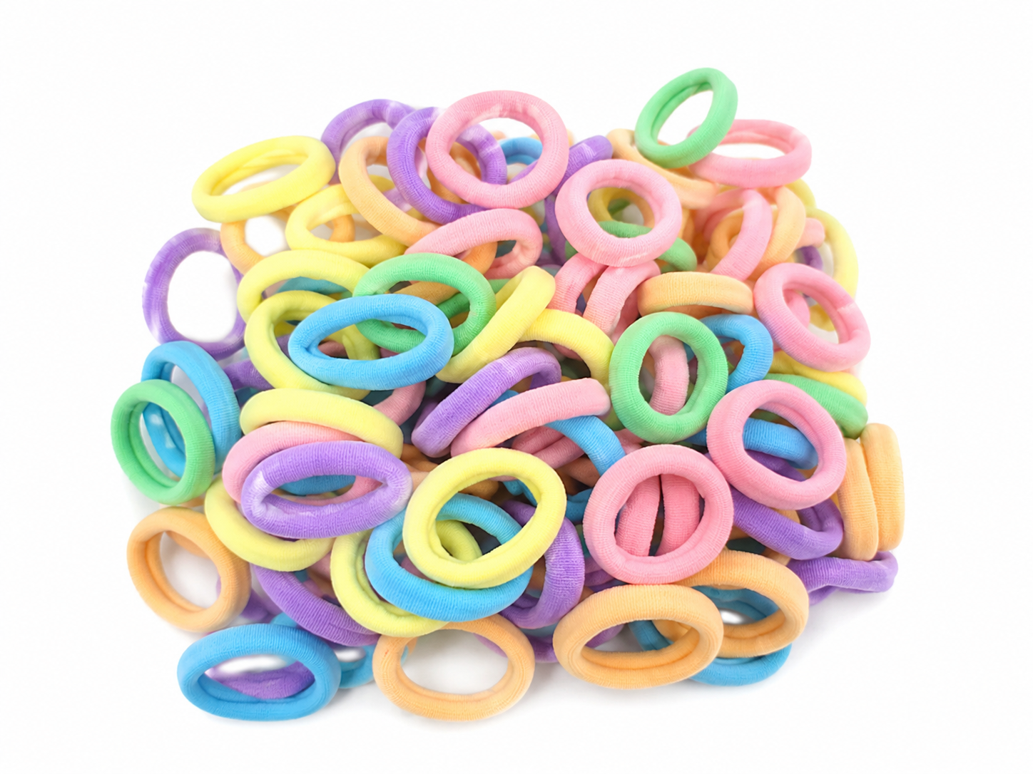 Set de gomitas elásticas para cabello en colores pastel surtidos.