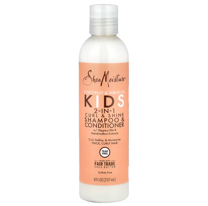Champú y acondicionador 2 en 1, específicamente diseñado para niños con cabello rizado y grueso.