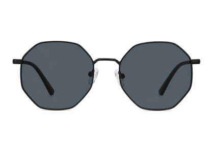 Gafas de Sol Octagonales con Montura Negra y Lentes Gris Oscuro.
