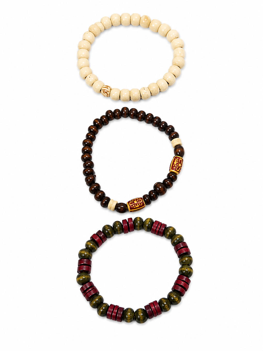 Set de 3 Pulseras Elásticas de Cuentas de Madera con Diseño Artesanal para Hombre y Mujer.