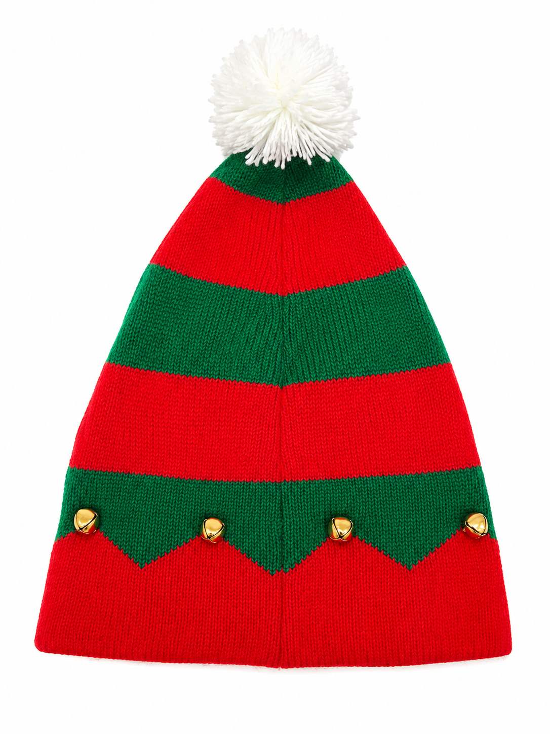 Gorro Navideño de Elfo Tejido Rojo y Verde con Pompón Blanco y Cascabeles Dorados.