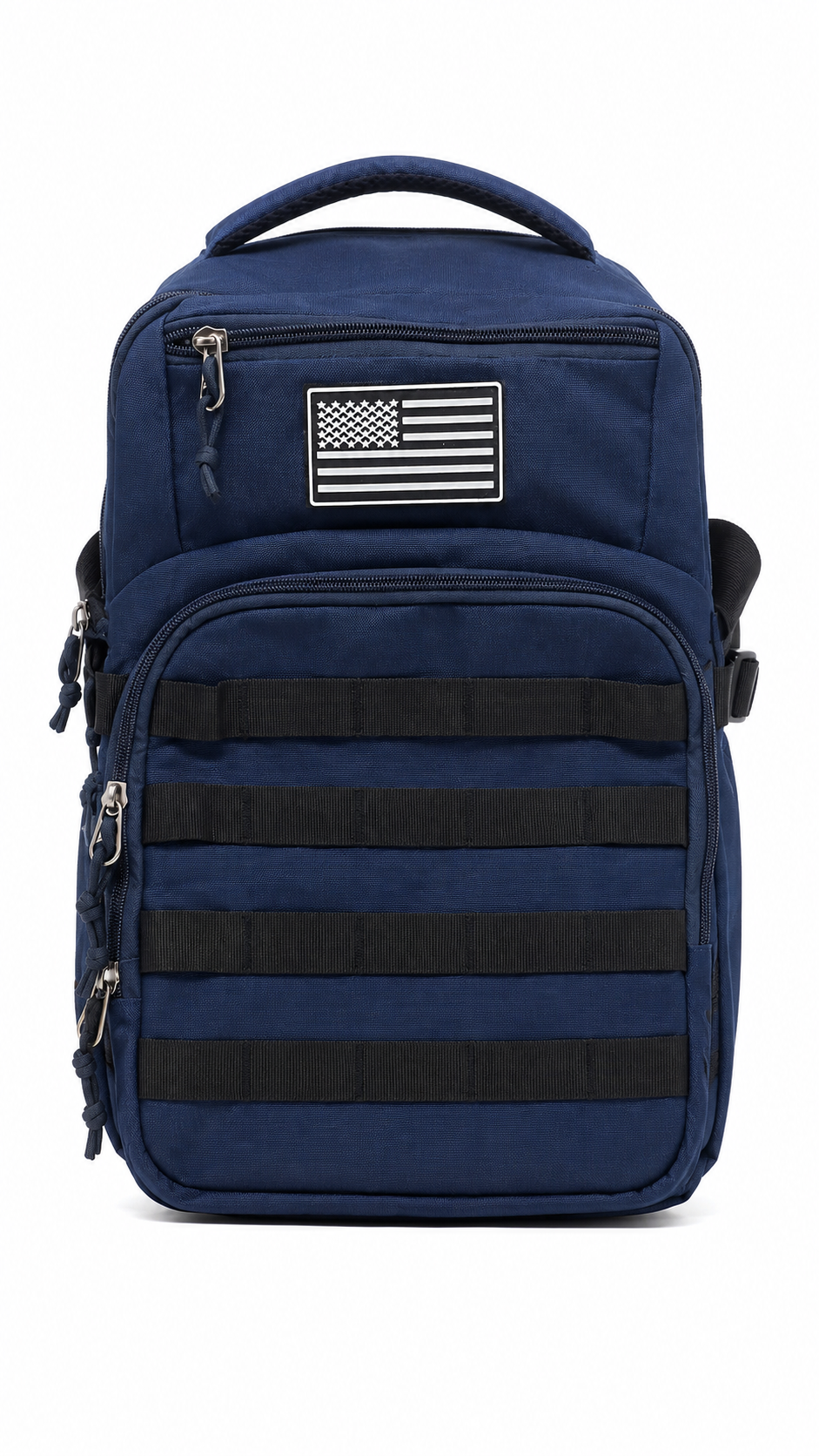 Mochila táctica azul marino con múltiples compartimentos y sistema de correas MOLLE.