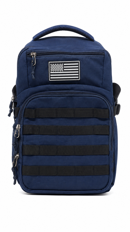 Mochila táctica azul marino con múltiples compartimentos y sistema de correas MOLLE.