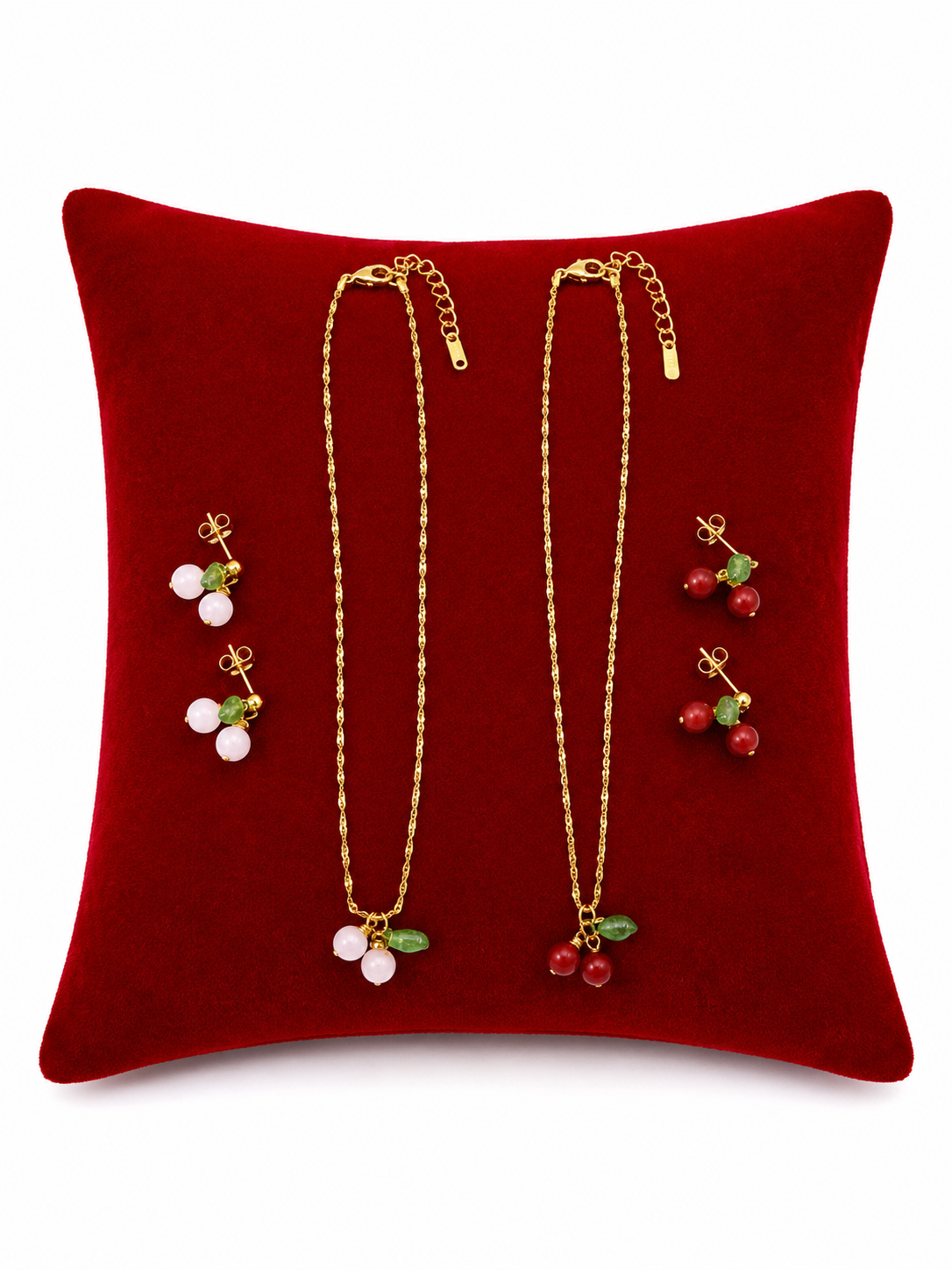 Set de Collares y Aretes con Diseño de Cereza en Color Dorado, 4 Piezas.