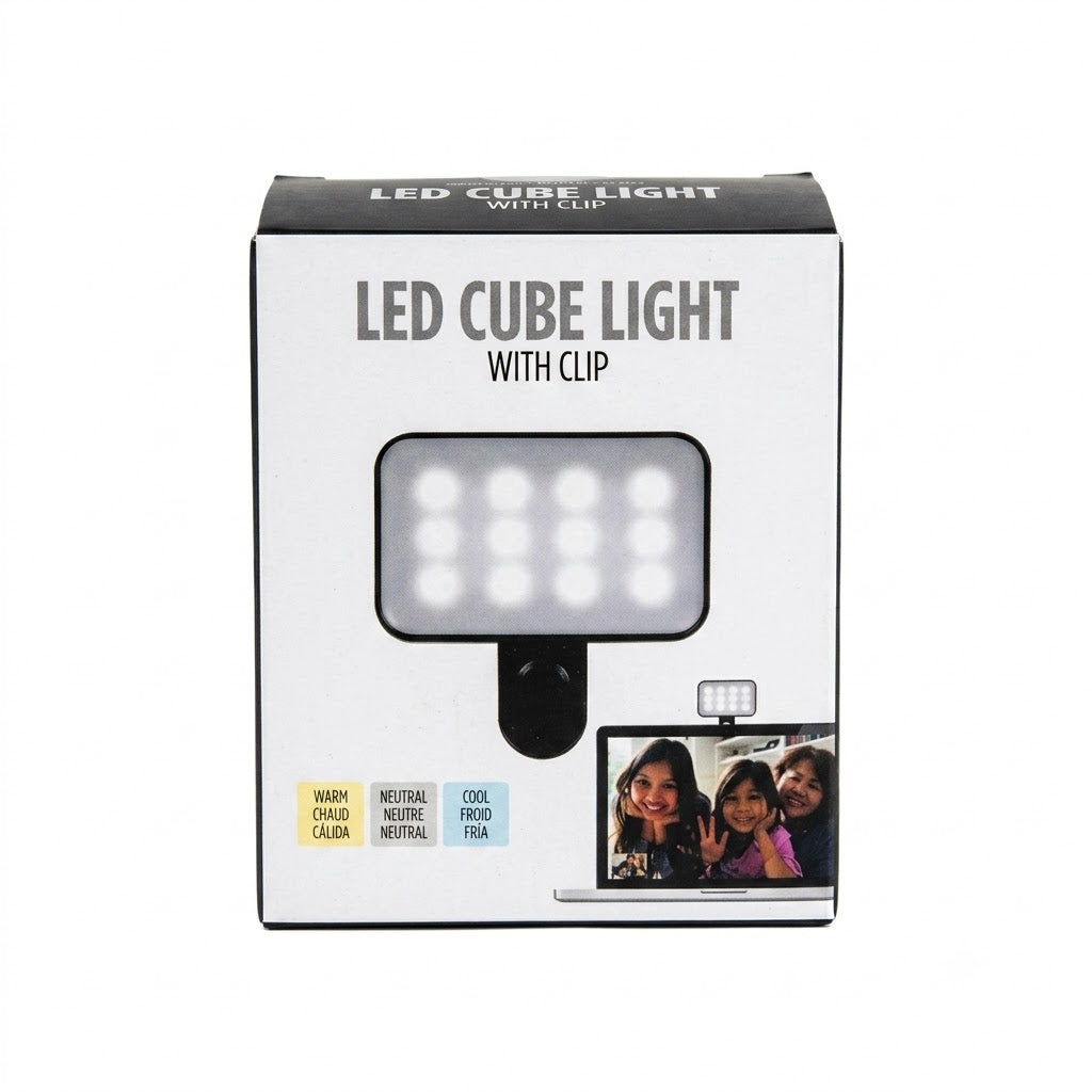 Panel de luz LED portátil con gancho para fijarse a celulares o computadoras portátiles.