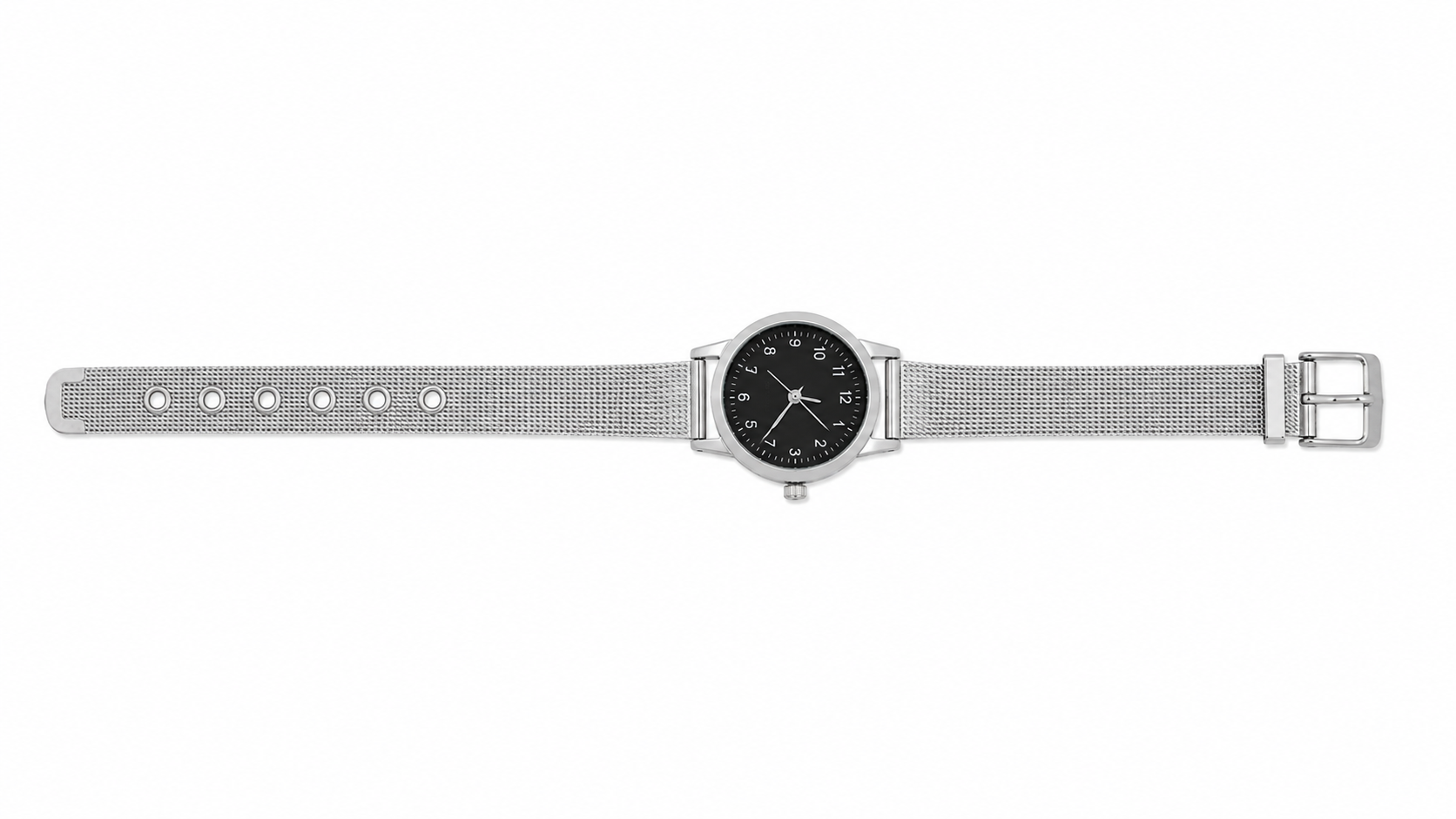Reloj de Pulsera Analógico con Correa de Malla Plateada y Esfera Negra.
