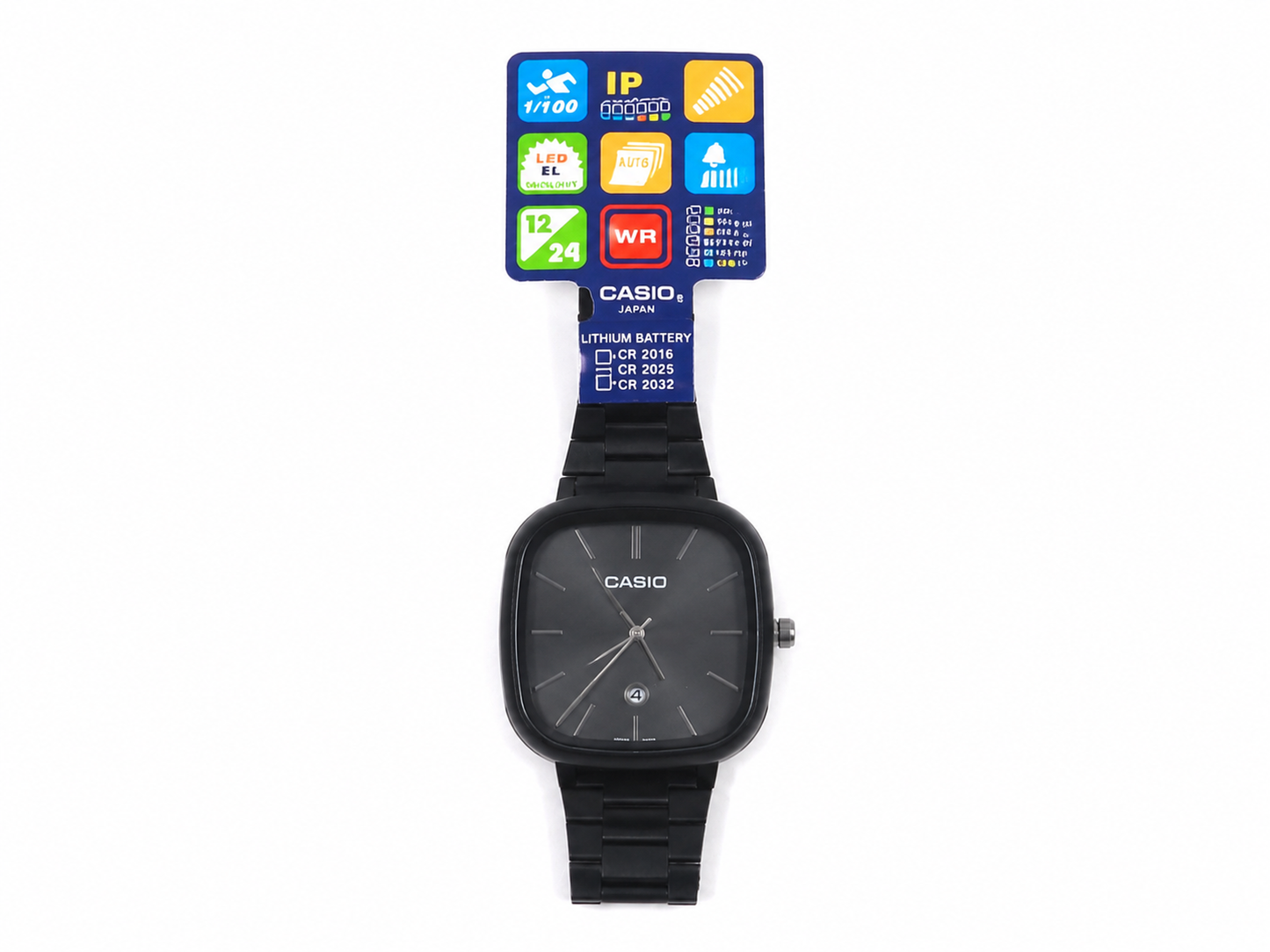 Reloj analógico negro con esfera cuadrada redondeada, pulsera de eslabones y calendario.