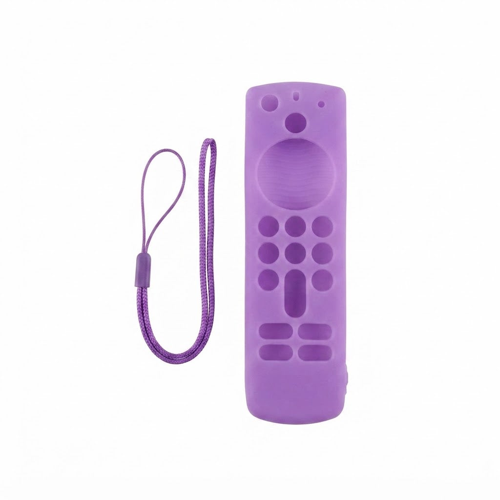 Funda de silicona morada diseñada específicamente para proteger el control remoto del Amazon Fire TV Stick.