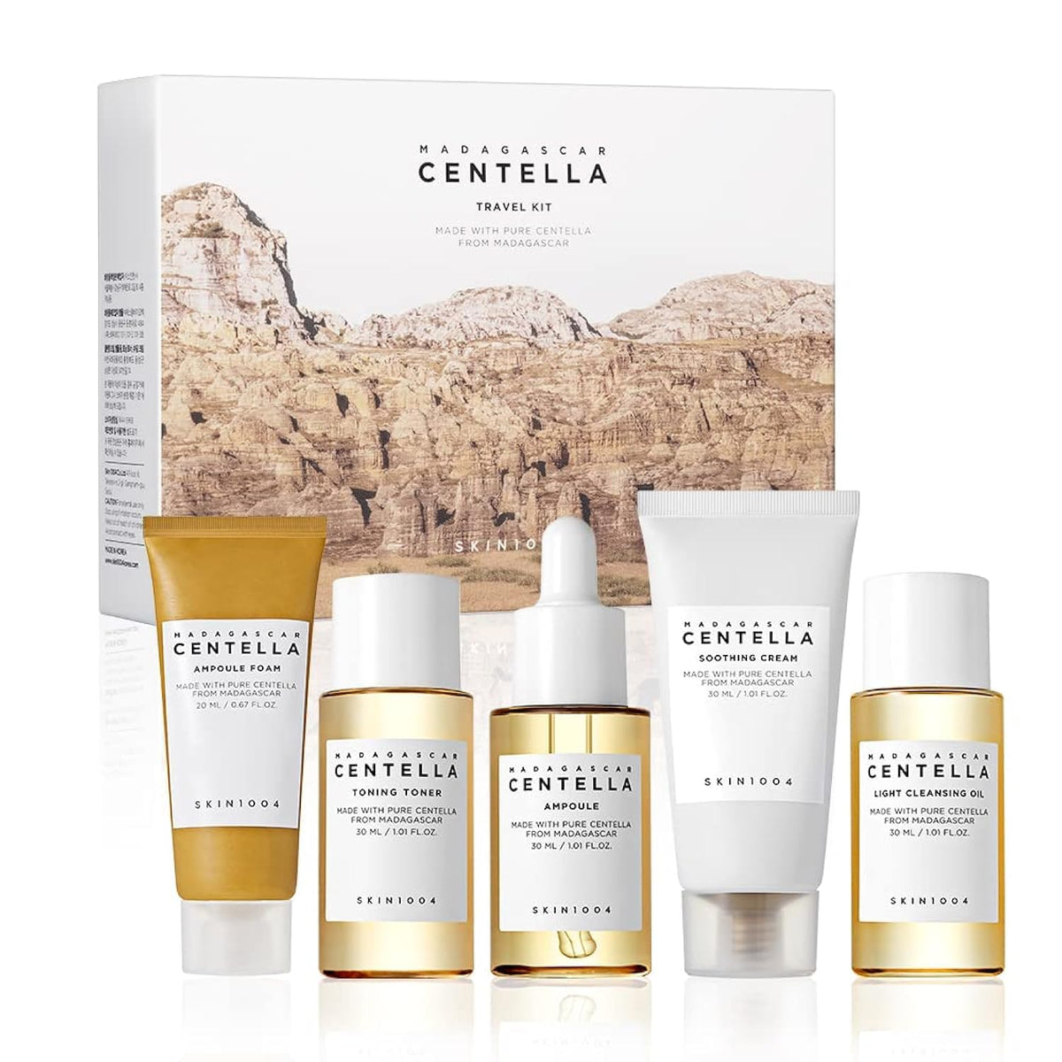 Set de cinco piezas de cosmética coreana para calmar e hidratar la piel sensible.