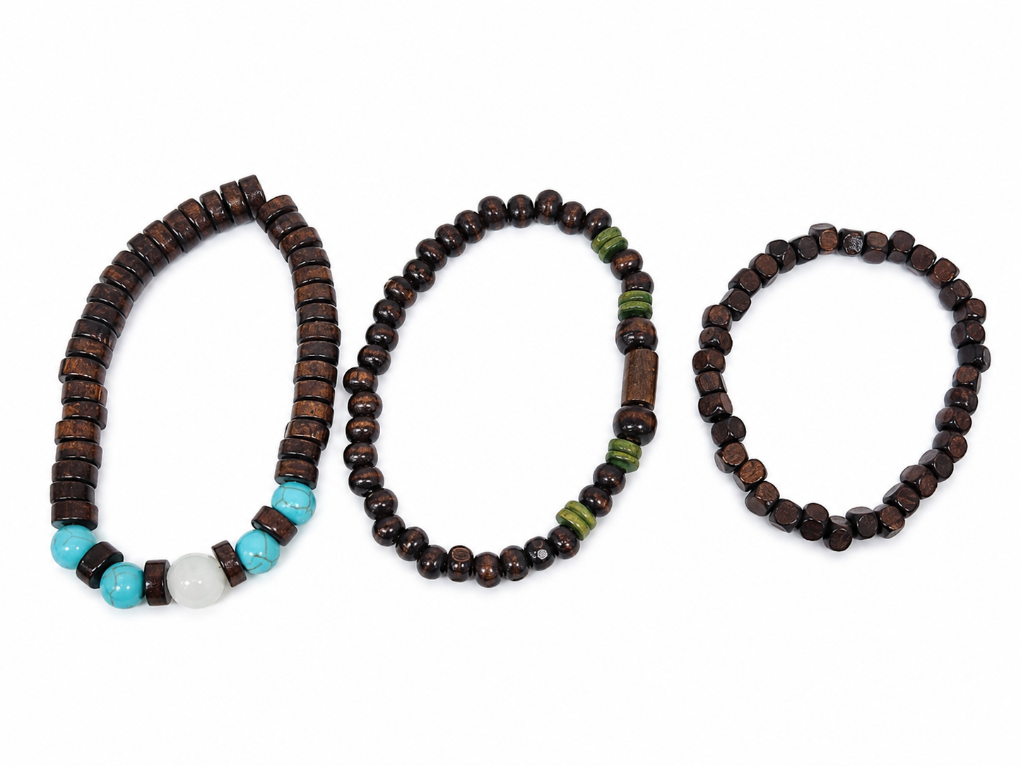 Set de 3 Pulseras Elásticas de Cuentas de Madera y Piedra Decorativa para Hombre y Mujer.