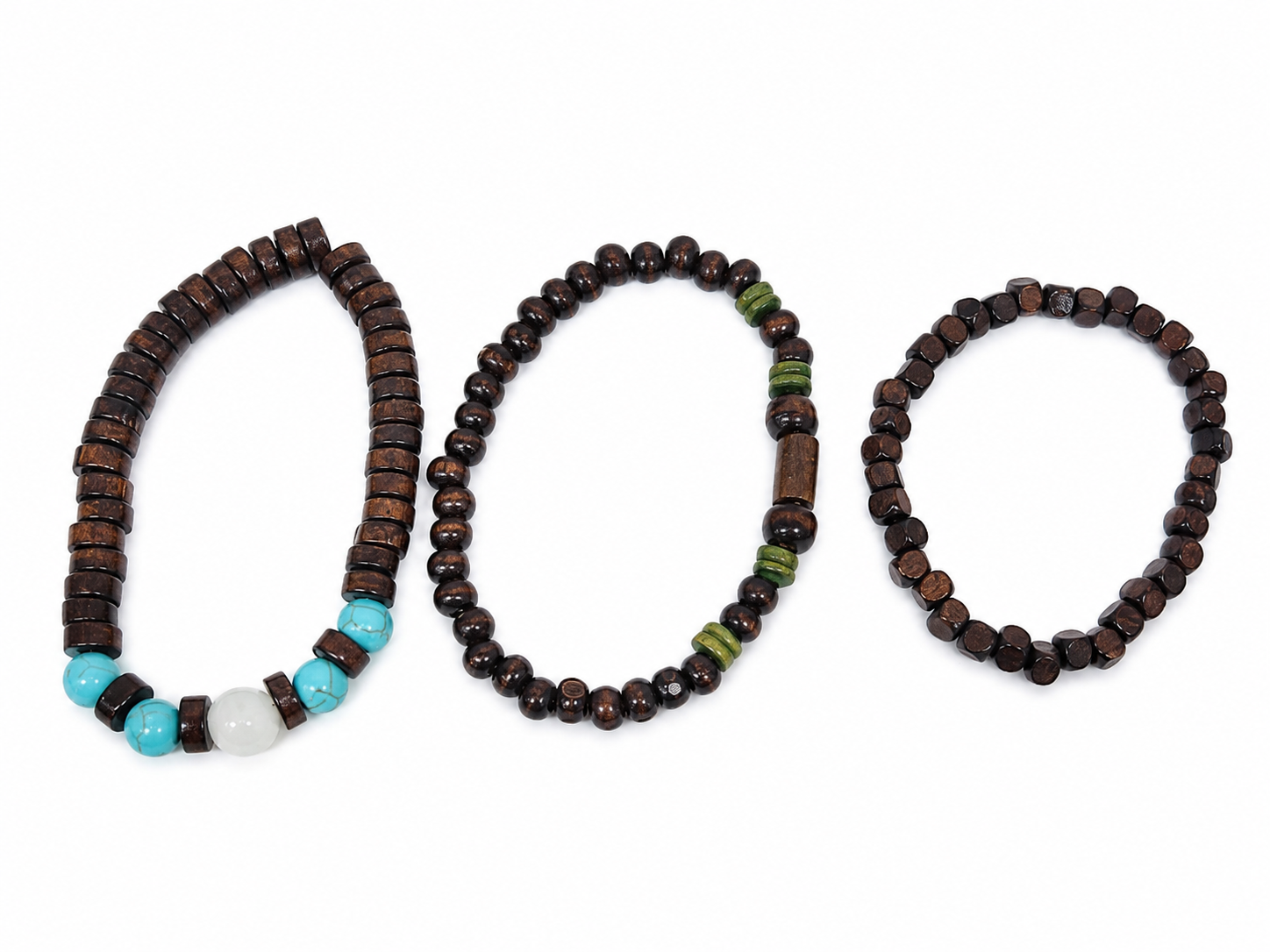 Set de 3 Pulseras Elásticas de Cuentas de Madera y Piedra Decorativa para Hombre y Mujer.