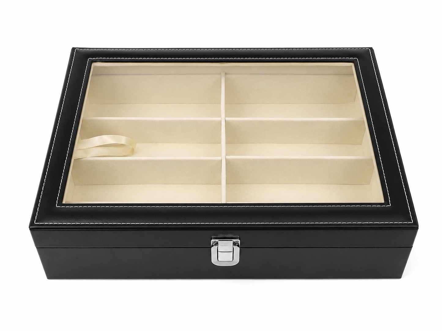 Caja Organizadora para Relojes y Accesorios con Tapa Transparente, 8 Compartimentos y Cierre Metálico.
