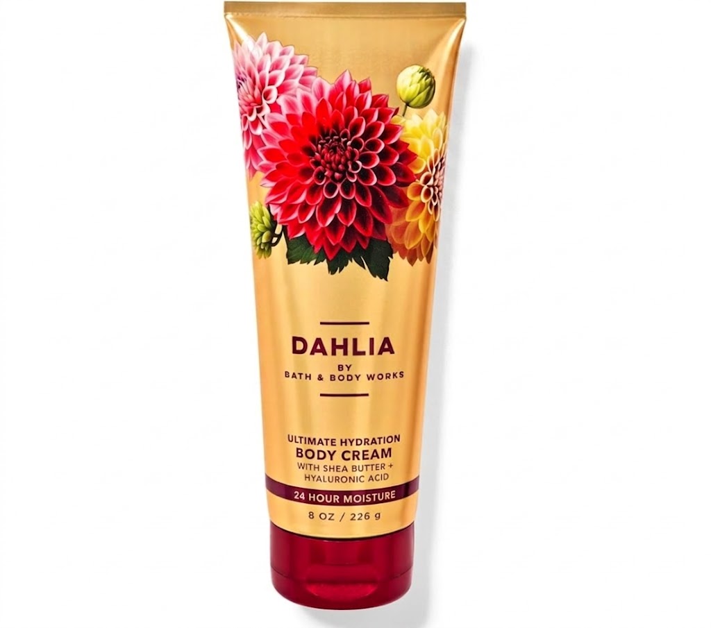 Crema corporal que cuenta con una fragancia de pétalos de dalia, pera y praliné.
