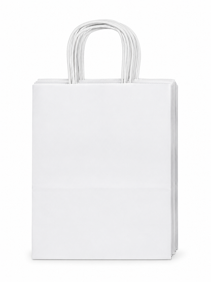 Juego de bolsas de papel blancas con asas para regalos y compras.