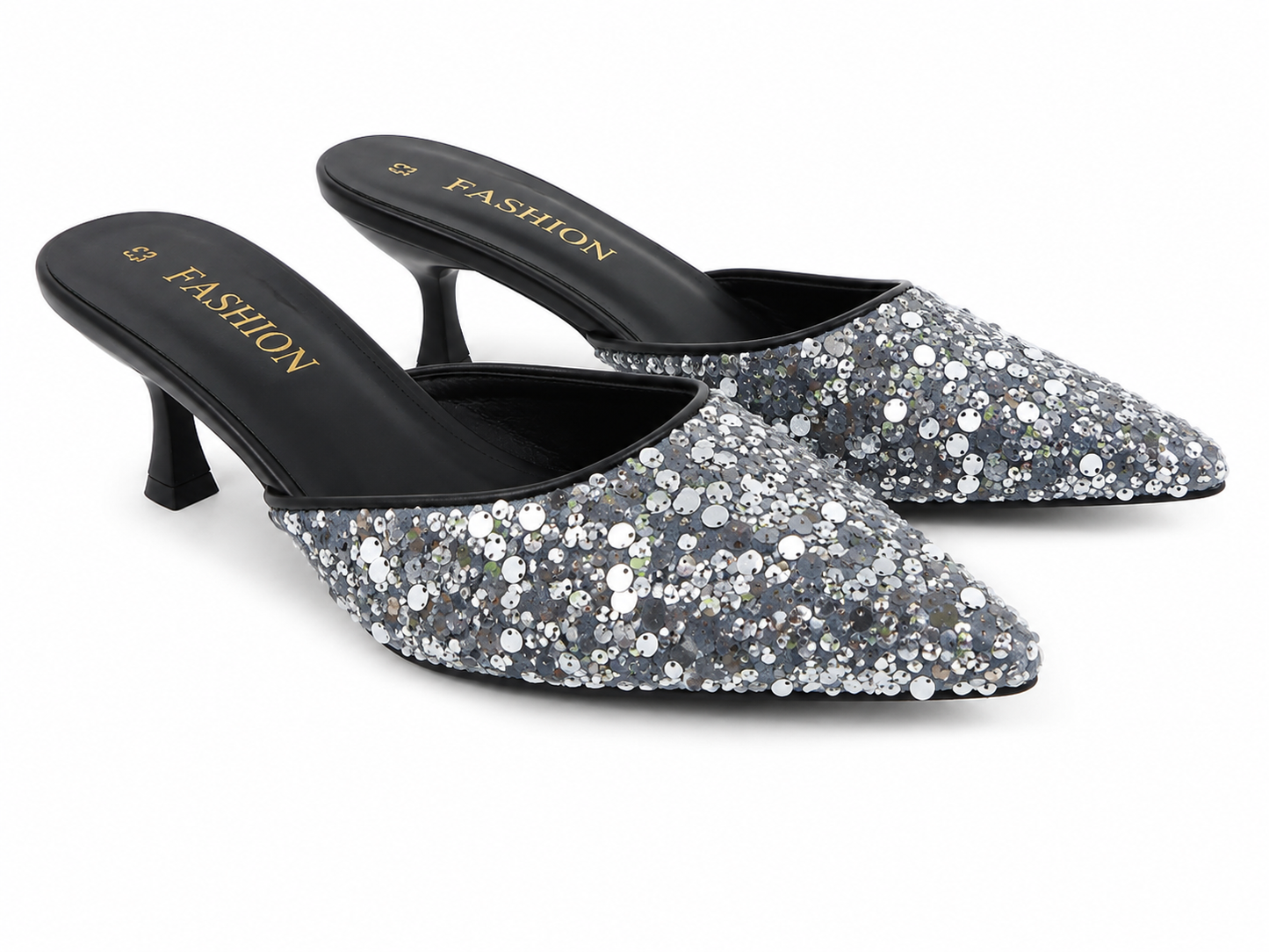 Zapatos de Tacón Destalonados para Mujer con Punta Fina y Lentejuelas Plateadas, Talla 43.