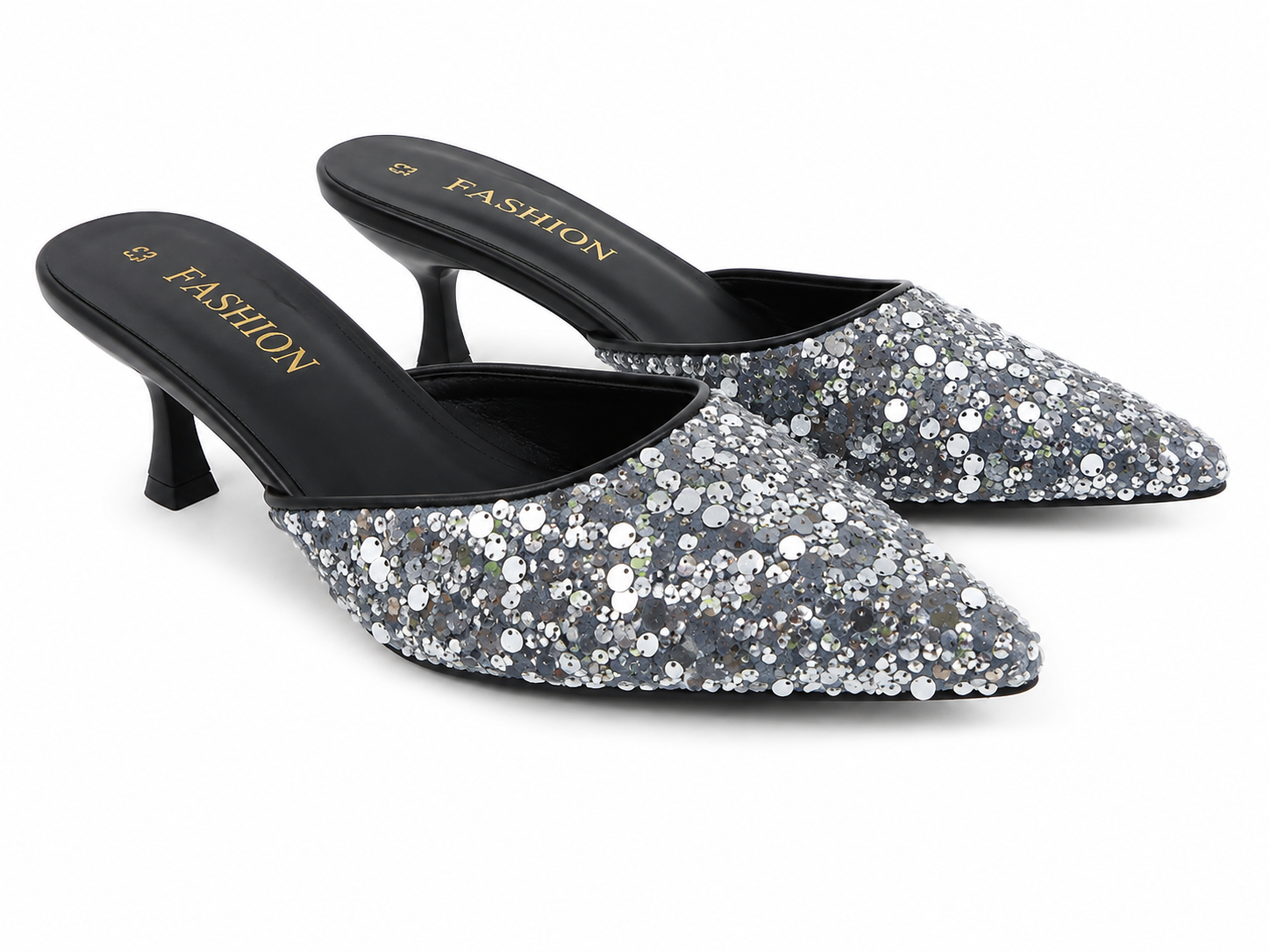 Zapatos de Tacón Destalonados para Mujer con Punta Fina y Lentejuelas Plateadas, Talla 43.
