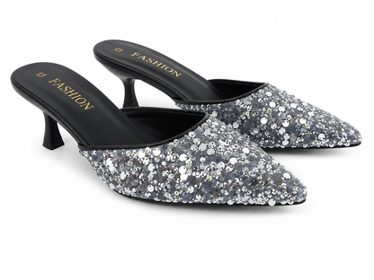 Zapatos de Tacón Destalonados para Mujer con Punta Fina y Lentejuelas Plateadas, Talla 43.