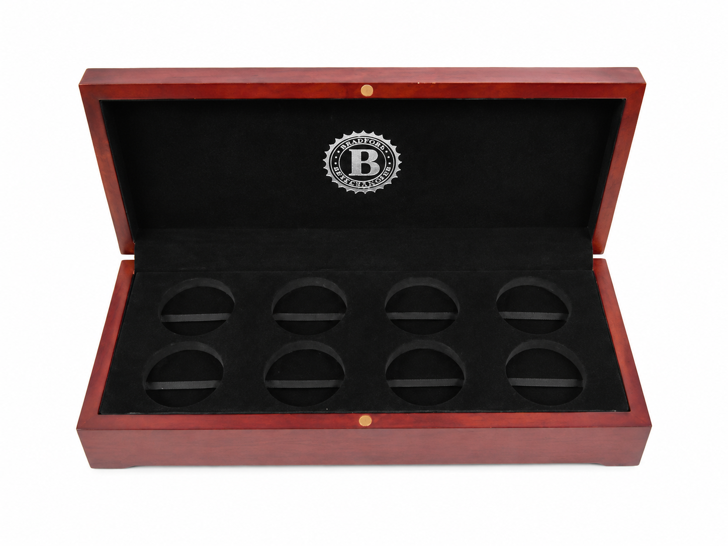 Caja organizadora de madera para colección de monedas con 8 compartimentos y tapa abatible.