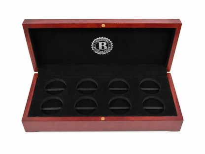 Caja organizadora de madera para colección de monedas con 8 compartimentos y tapa abatible.