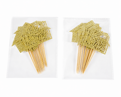 Set de 20 Decoraciones para Cupcakes Sweet 16 con Brillo Dorado y Palillos de Madera para Fiesta de Cumpleaños.