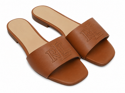 Sandalias Planas para Mujer Color Marrón con Punta Abierta y Diseño de Letras, Talla 6.5.