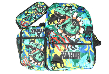 Set de mochila y bultitos escolares T-REX para niños.