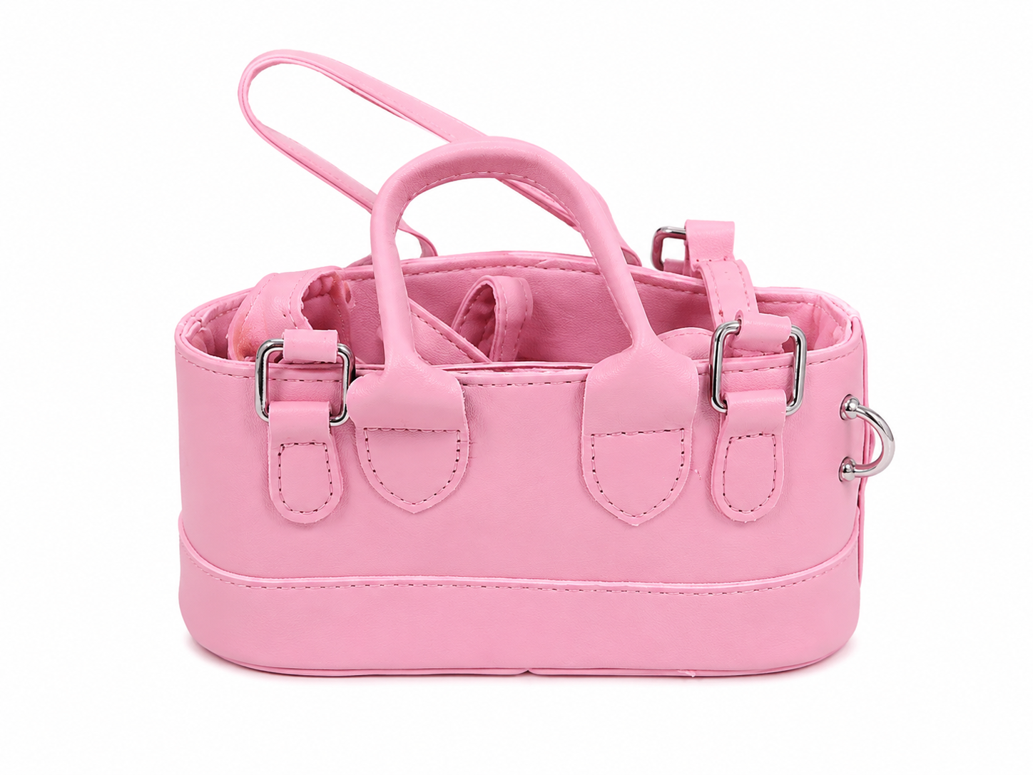 Bolso de mano pequeño color rosa con asas dobles y correa ajustable desmontable.