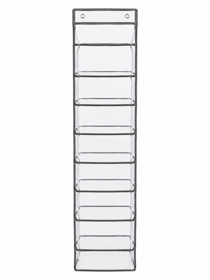 Organizador Colgante Transparente con 5 Compartimentos y Bordes Negros.