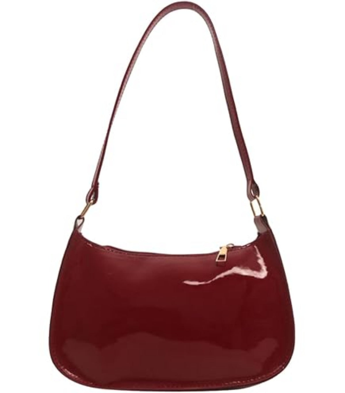 Bolso de hombro rojo brillante con cierre de cremallera y correa larga.