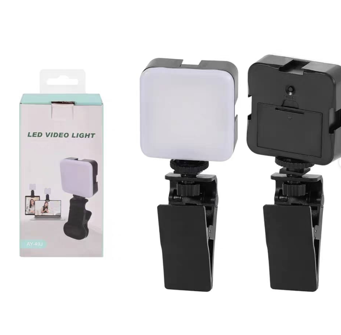 Luz LED de video portátil con soporte de clip para teléfonos o laptops.