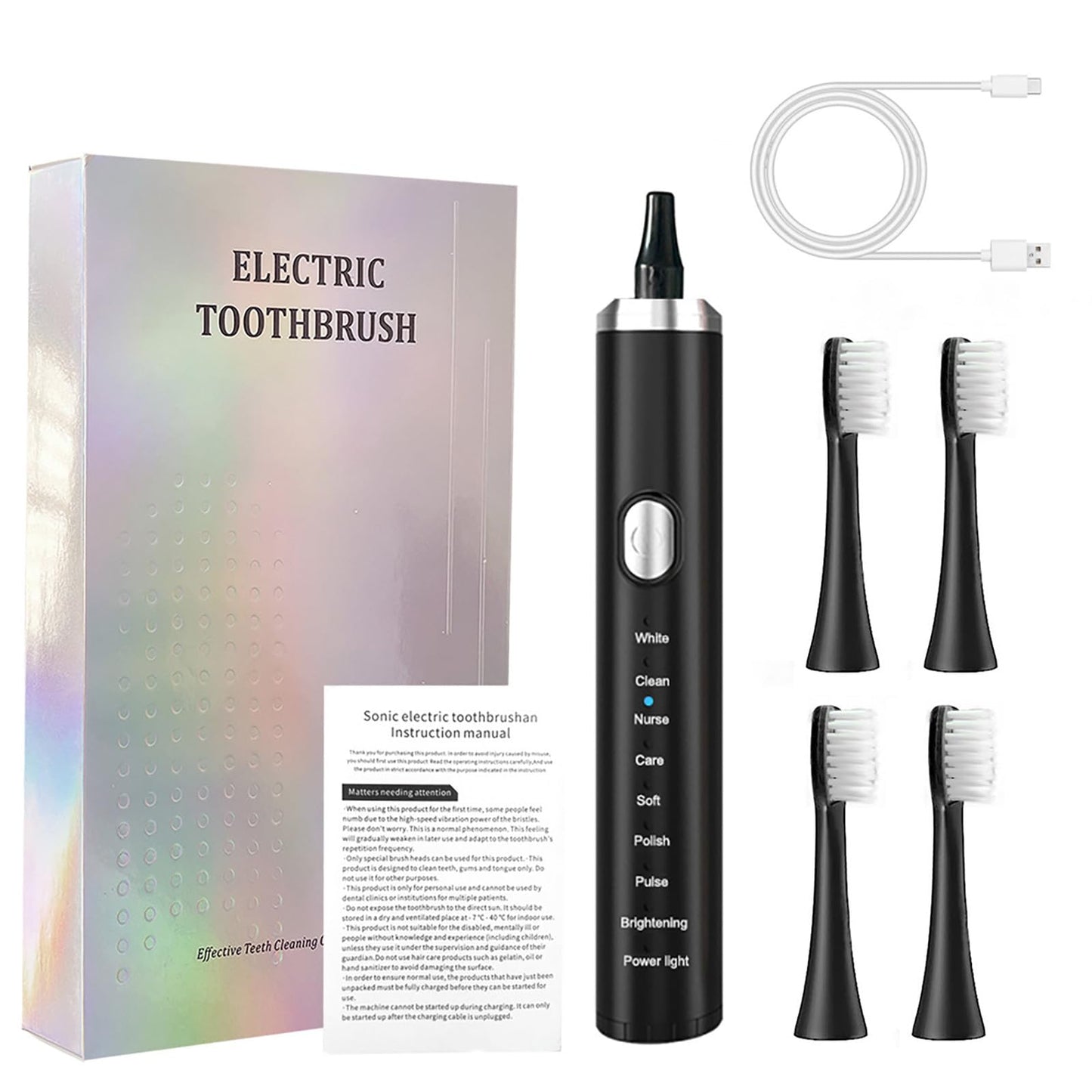 Kit que incluye un cepillo de dientes eléctrico recargable de color negro con múltiples modos de limpieza.